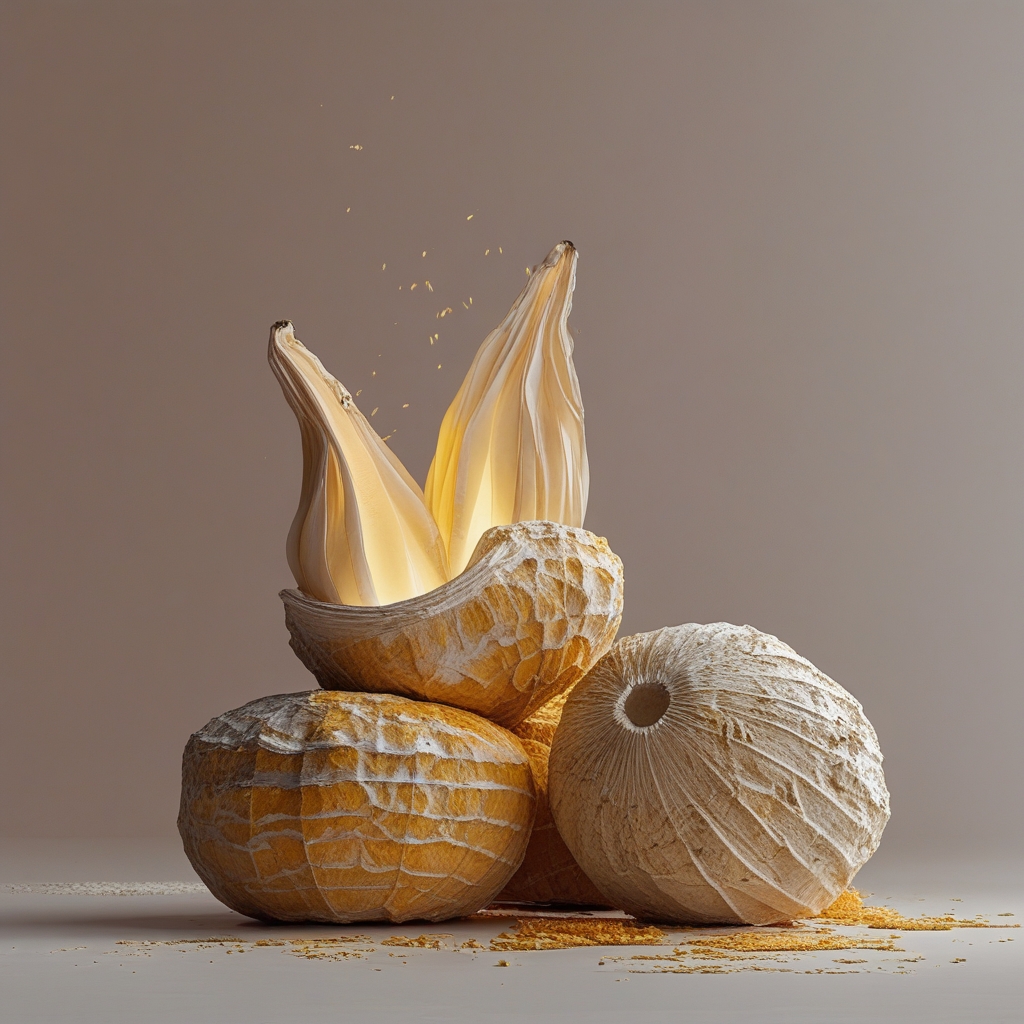 Kunyit segar dengan rimpang utuh berwarna oranye cerah dibelah dua, disandingkan dengan bubuk kunyit berwarna kuning keemasan di atas latar batu gelap