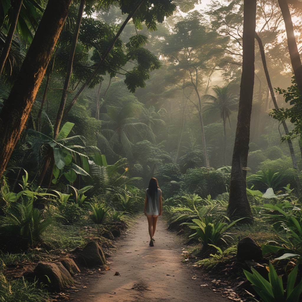 Pemandangan hutan tropis yang tenang dengan sinar matahari menembus dedaunan hijau lebat di pagi hari