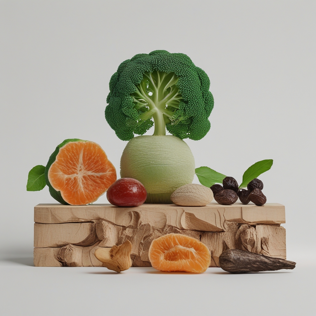 Berbagai makanan kaya nutrisi seperti alpukat, biji-bijian, kacang-kacangan, buah beri, dan sayuran hijau tersusun rapi di atas permukaan kayu