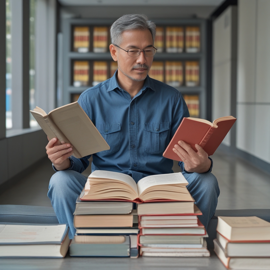 Pria dewasa sedang membaca buku di perpustakaan modern yang terang, duduk di kursi nyaman di antara rak buku penuh dengan ekspresi fokus dan tenang