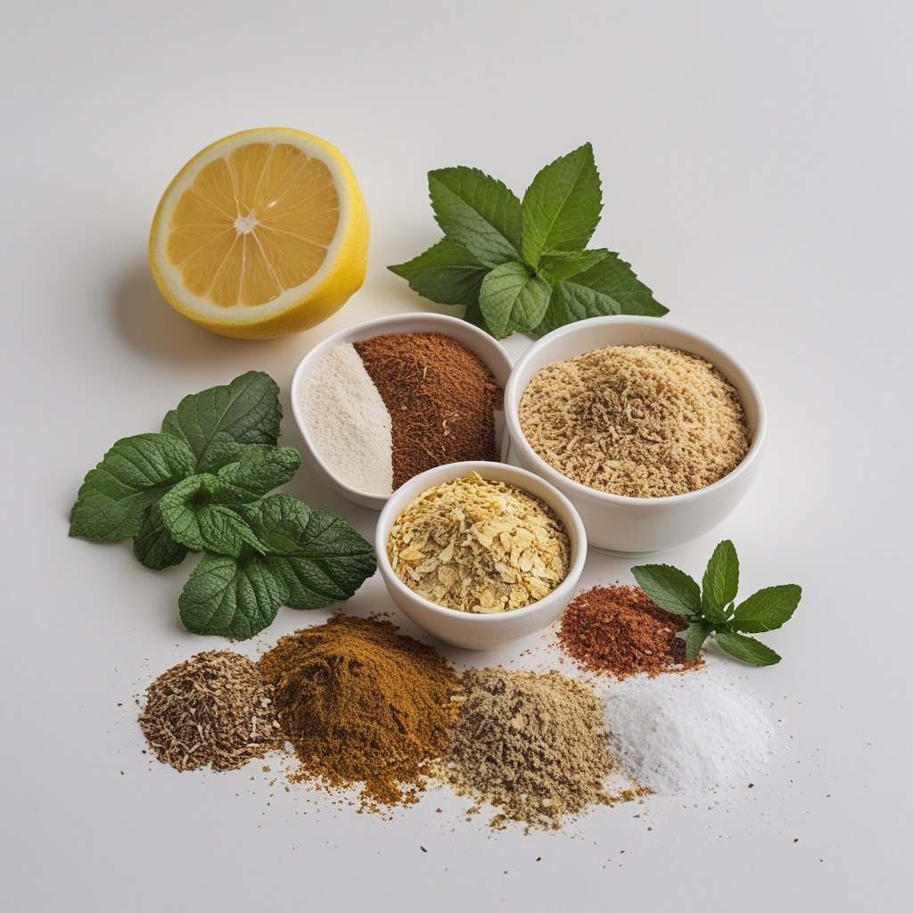 Susunan bahan alami segar meliputi jahe, kunyit, lemon, dan berbagai rempah-rempah di atas meja kayu dengan cahaya alami